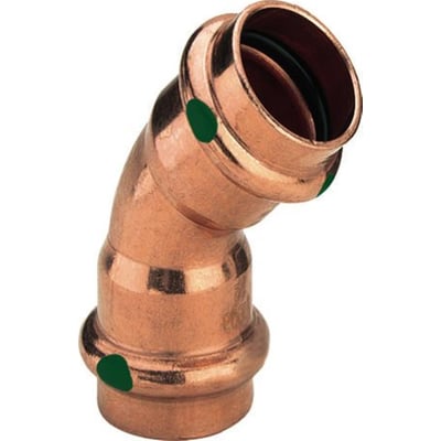 Tættere vinkel på Viega Profipress 22 mm 45 graders kobberbøjning, der viser preskoblinger og EPDM-pakning indeni.