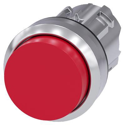 Siemens 22 mm trykknap med rund, skinnende, rød metaloverflade og forhøjet profil, for låsende funktion.