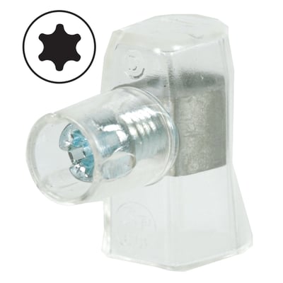 Samlemuffe til 2,5mm² ledninger med Torx T10 skrue, fremstillet af klar plast og metal.