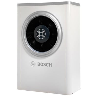 Bosch Compress 7000i AW varmepumpe udedel i cremehvid, set fra siden og viser den runde ventilatorfront.