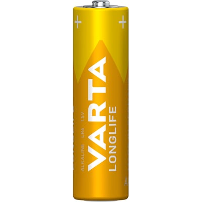 Et enkelt Varta Longlife AA batteri i guld og gul farve med VARTA logo og tekniske detaljer.