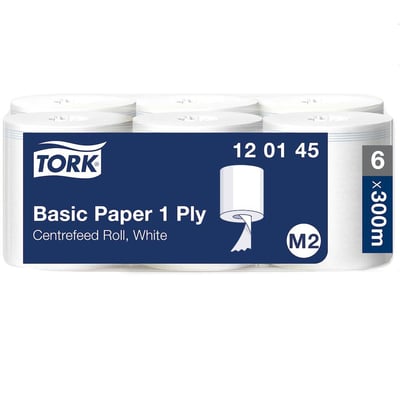 Tork Basic Paper 1 Ply Centerfeed Roll, White. Emballage med 6 stk. aftørringspapirruller på 300 meter hver, system M2.