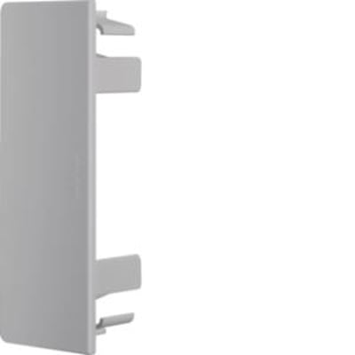 Hager endestykke model LF401106 til kabelføring i RAL 7030 grå plast, vist fra siden med monteringsclips.