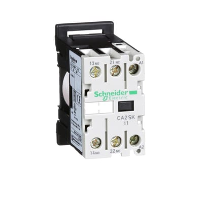 Schneider Electric TeSys SK kontrolrelæ med 1NO+1NC kontakter og 230V AC spænding, vist på hvid baggrund.