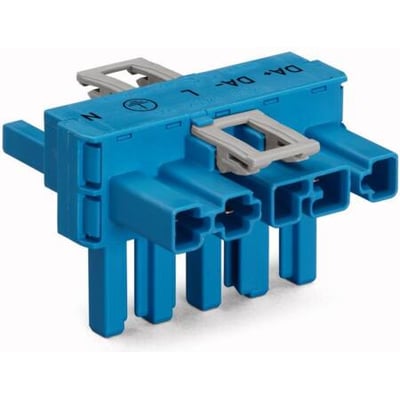 Wago T-stykke 5-p med lås i blå plast, med mærker "N" og "DA-DA-L" for nem identifikation af tilslutninger.