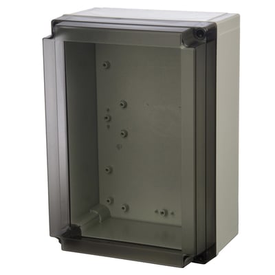 Fibox MNX polycarbonat kassebund med transparent, røgfarvet dæksel, måler 255x180x125 mm og har PUR pakning.