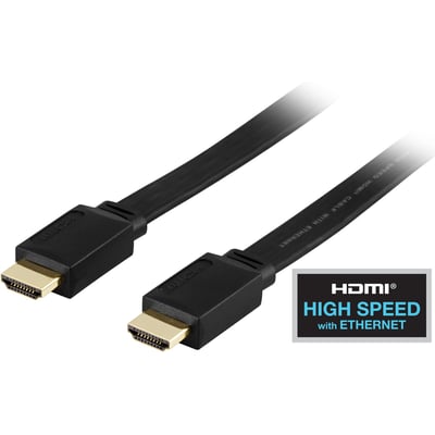 Sort DELTACO HDMI-kabel på 2 meter med to guldbelagte HDMI Type A-stik og High Speed med Ethernet-mærkning.