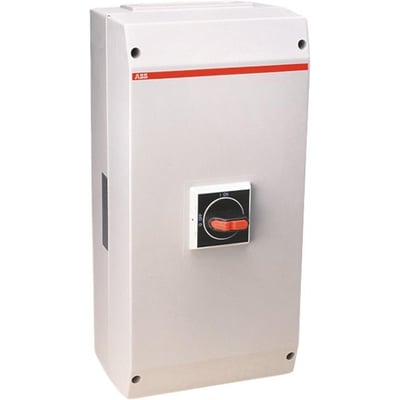 Sikkerhedsafbryder fra ABB, 3-polet, 90A, vist fra venstre side med tydelig indikator for ON/OFF og rød betjeningsgreb.