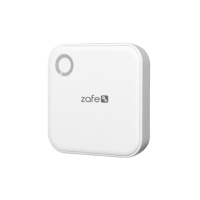 Hvid Zafe gateway med afrundede hjørner og synligt logo, der understøtter WiFi på 2,4 og 5 GHz.