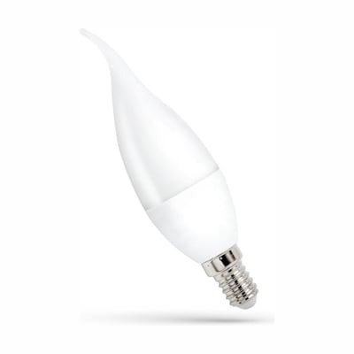 SpectrumLED E14 8W LED-kertepære med hvid, flammeformet top og synlig metalsokkel, set skråt fra siden.