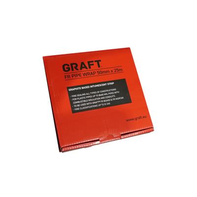 Rød emballage til GRAFT® FR brandpakning, 50 mm x 25 meter, med produktets navn og mål trykt på forsiden.