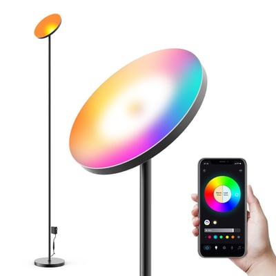 Smart RGBIC+CCT gulvlampe, 175 cm høj med Wifi og Bluetooth, vist med et regnbuefarvet lys og en smartphone til styring.