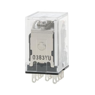 Omron MY3 relæ med 24 VDC spænding, 3PDT, 5A og et 11-polet design, med synlig markering '0383YU'.