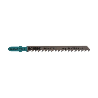 Ironside T101DF-stiksavklinge på 100 mm med tandet klinge, turkisfarvet fæste og synlig Bi-metal-mærkning.