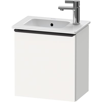 Hvidt Duravit D-Neo vaskeskab på 410 mm med sort greb, vist forfra med håndvask og armatur ovenpå.