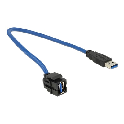 Blåt Delock USB 3.0-keystone-modul med hunstik, 250° vinklet kabel på 50 cm og USB-A-hanstik.