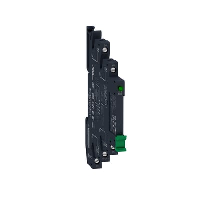 Schneider Electric Harmony SSL Solid State relæ med sokkel, 2A AC, 12VDC, har en grøn indikator og skrueterminaler.