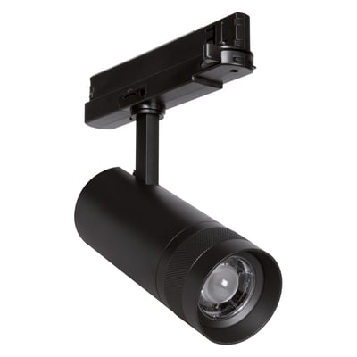 Sort Ledvance Tracklight Spot Zoom-skinnespot med cylindrisk lampehoved, zoomlinse og 3-faset skinneadapter.