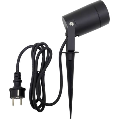 Mat sort Nordtronic Spike havespot med spyd og 145 cm ledning med stikprop, isoleret på hvid baggrund.