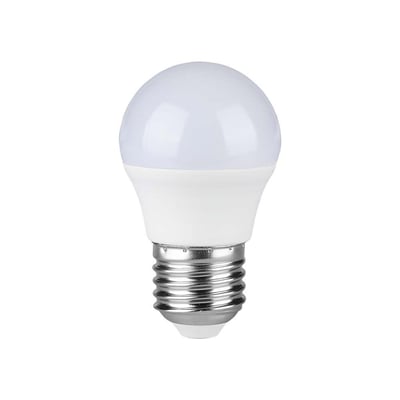 V-TAC 4,5W LED G45 pære med E27 fatning, hvid og sølvfarvet, isoleret på hvid baggrund.