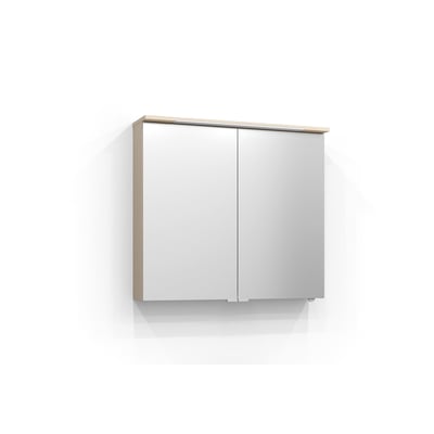 Svedbergs Skuru spejlskab i brun ask med to spejllåger og LED-belysning langs overkanten, 101 cm bredt.