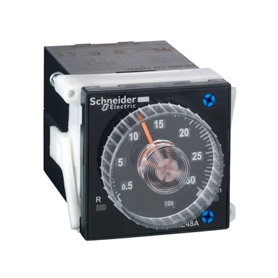 Schneider Electric RE48 tidsrelæ forsinket indkobling 24-240V AC med tydelig urskive og justeringsmuligheder.