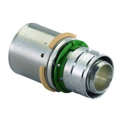 Uponor MLC presmuffe 50 x 32 mm i forkromet messing med grøn indikatorring og stopring, klar til brugsvandssystemer.
