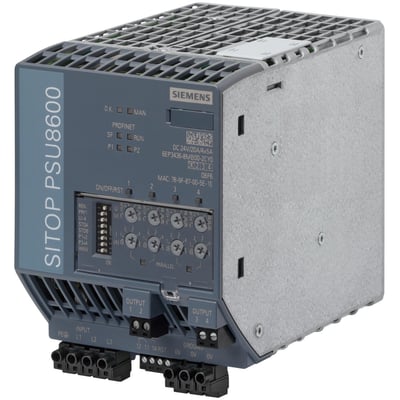 Siemens SITOP PSU8600 strømforsyning med ProConnect og PN/IE forbindelse, vist fra siden med fokus på mærkning og tilslutningspunkter.