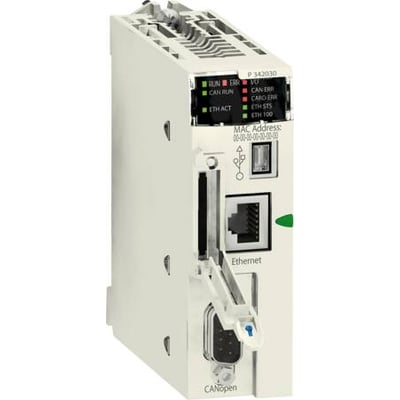 Schneider Electric Modicon M340 CPU med CANopen og Ethernet porte, 4096KB RAM, vist forfra med statusindikatorer.