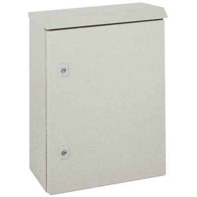 Schneider Electric Regntag B1000XD400mm universalkabinet i lys grå, vist fra forsiden med lukket dør og synlige låsebeslag.