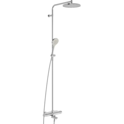 ORAS Optima Style Rain brusesystem i stål med rund hovedbruser, håndbruser, slange og termostatarmatur set forfra.