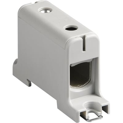 Detaljebillede af Ensto KE62 gennemgangsklemme til 16-95mm² Cu/Al, fremhæver dens grå farve og robuste konstruktion med skrueterminal.
