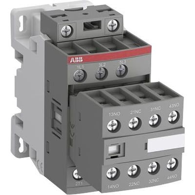 ABB AF09-30-22-14 kontaktor til motordrift, vist skråt forfra med synlige tilslutningsskruer og kontaktmærkninger.