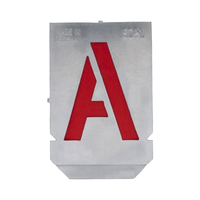 Stencil med bogstavet A, 50mm tegnhøjde, lavet af 0,3 mm zinkark med mærkning 'Made in Germany'.