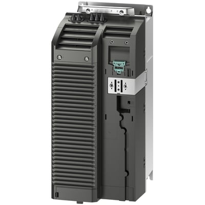 Siemens Sinamics G120 power modul PM240-2 med indbygget bremsemodstand, set fra siden med synlige tilslutningsporte og ventilationsriste.