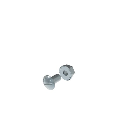 Legrand P31 skrue M6x12 mm og matchende flangemøtrik isoleret på hvid baggrund.