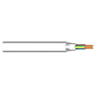 Endestykke af NKT 3G1,5 NOAKLX kabel, visende de tre ledere af kobber med PEX-isolation og den beskyttende lysegrå yderkappe.