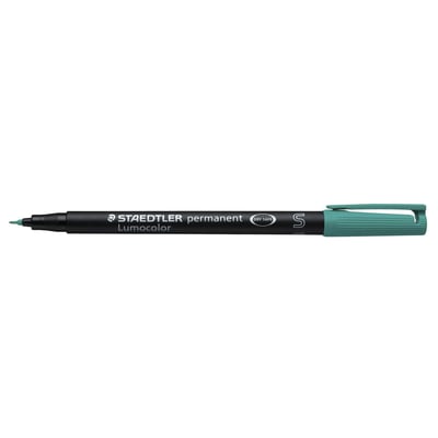 Grøn Staedtler Lumocolor permanent tuschpen med S-spids 0,4mm, kendetegnet ved DRY SAFE teknologi.