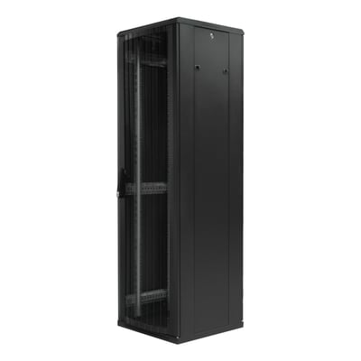 Toten System G 19" 42U rackskab i sort med lukket frontdør og perforeret sidevisning af interiør.