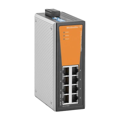 Weidmüller IE-SW-VL08T-8GT industriel switch med otte RJ45-porte, set skråt forfra med orange front.