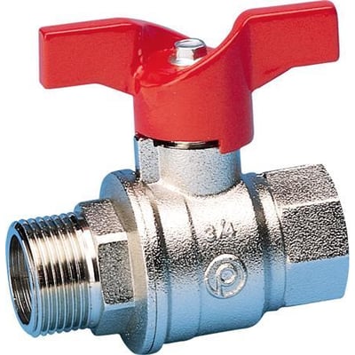 Forskruningssæt 1/2''x3/4''x45 mm med blank metaloverflade, gevindtilslutninger og rødt vingehåndtag.