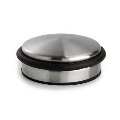 Habo dørstopper i børstet rustfrit stål, Ø101 x 40 mm, med sort gummikant og gummisål.