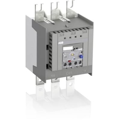 ABB elektronisk termorelæ EF205-210, 63-210A, monteret på tre terminaler og vist fra venstre side med fokus på kontrolpanelet.