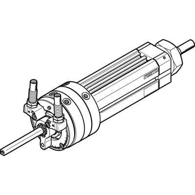 Festo Sw./linear unit DSL-32-25-270-CC-A-S20-B, viser en teknisk tegning af en lineærenhed med stempelstang og pneumatiske tilslutninger.