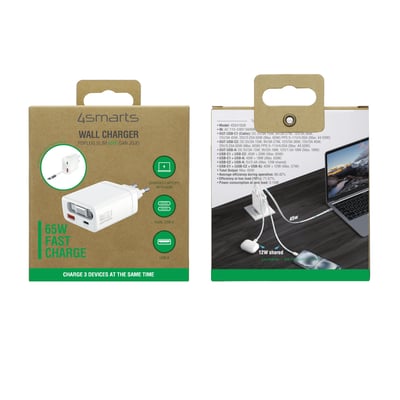 Emballagens for- og bagside med illustration af den hvide 4smarts PDPlug Slim 65 W GaN-vægoplader.