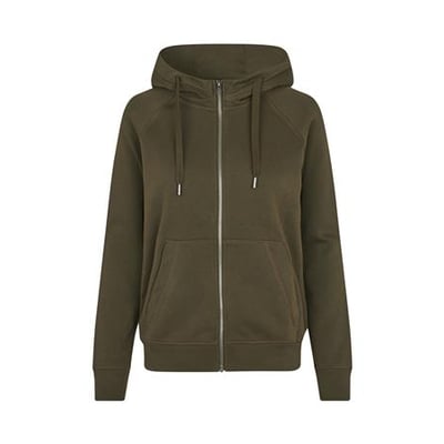 ID Identity dame hættecardigan i olivenfarve, str. 3XL, med kængurulomme og gennemgående lynlås.