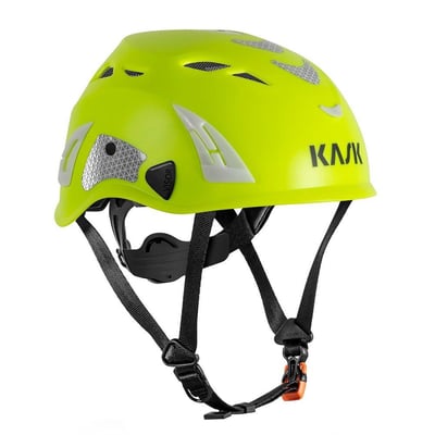Venstre side af Kask Plasma AQ sikkerhedshjelm i fluorescerende gul med detaljerede reflekser og ventilationsåbninger.