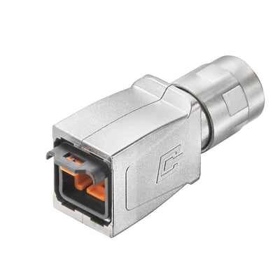 Weidmüller tomt IP67-hus til Industrial Ethernet-stik med sølvfarvet kabinet og orange detaljer, set skråt forfra.