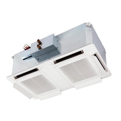 Clint TXW 263 4-vejs fancoil med hvidt loftpanel og synlig metalenhed set skråt nedefra.