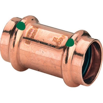 Viega 22 mm Profipress muffe i kobber med grønne mærker, SC-Contur sikrer utæthed ved manglende presning.